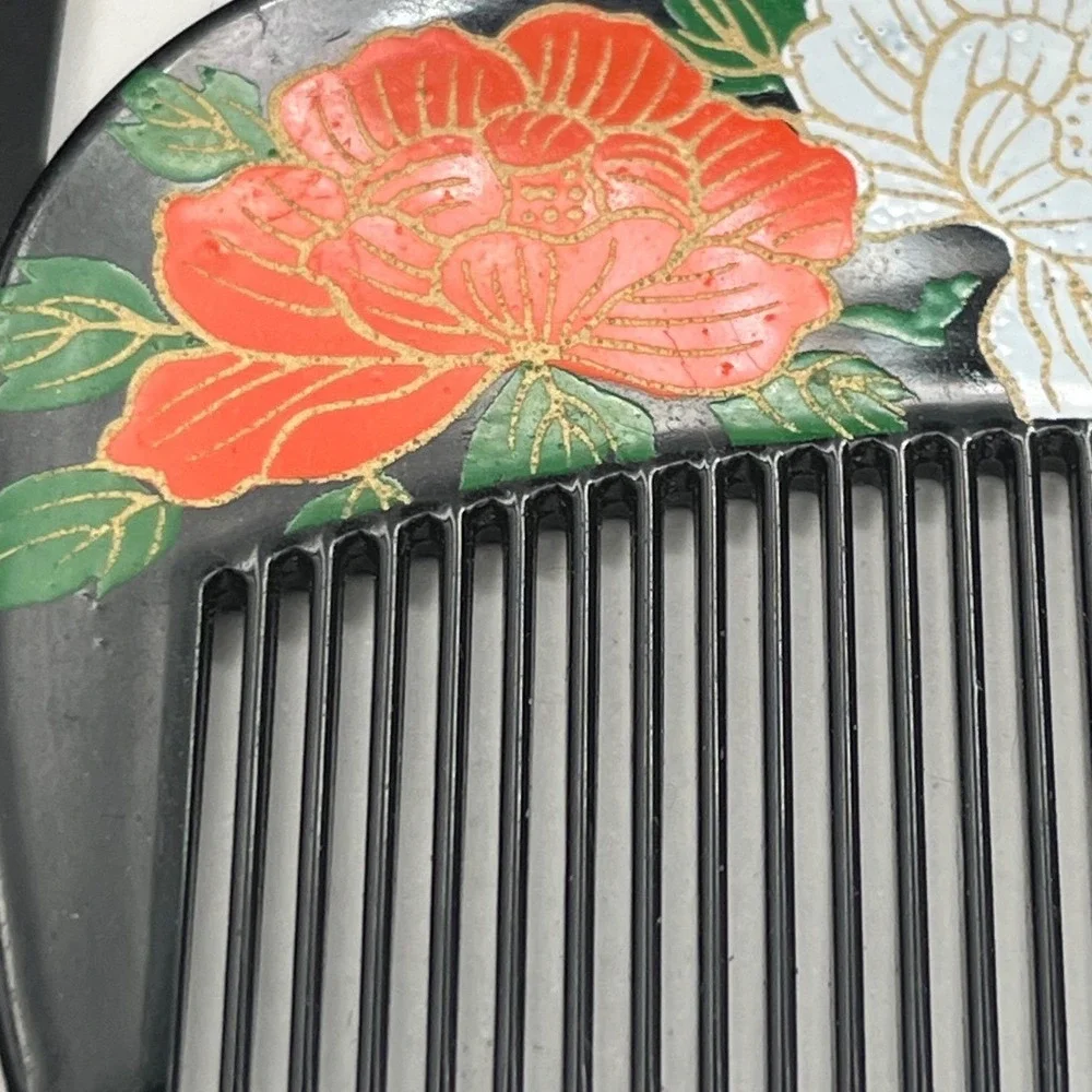 Vintage Japanese Hair Comb Black Lacquer‎ Style Floral  Koshi mid century
